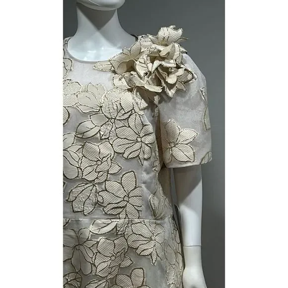 ❌❌ Sold Teri Jon by Rickie Freeman Ivory and Gold Floral Jacquard A-line Gown - Picture 9 of 12